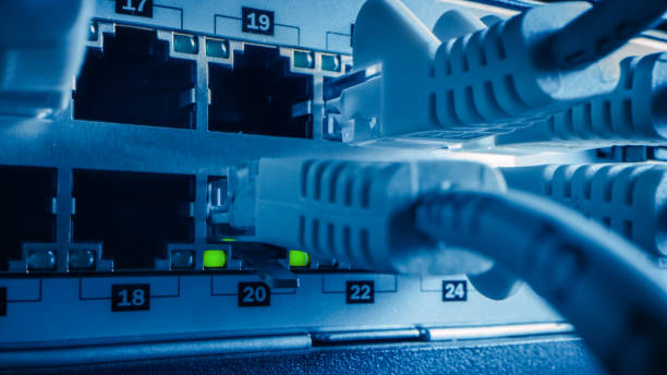 istock Macro Shot: Ethernet Cables Connected to Router Ports with Blinking Lights. Telecommunications: RJ45 Internet Connectors Plugged into Modem LAN Switches. Side View Shot 1219430147