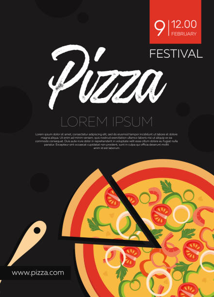 ilustraciones, imágenes clip art, dibujos animados e iconos de stock de festival de pizza, cartel, banner, opción vertical volante, pizza realista con ingredientes sobre un fondo oscuro. concepto de diseño de pizzería para cafeterías, ilustración de stock de restaurantes - pizza party