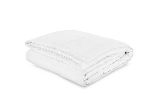istock Folded soft white blanket, bedspread or duvet for a comfortable sleep. White blanket folded on a white background. Fabric structure. 3D blanket model. Comfortable sleep. Close up photo 1219431352