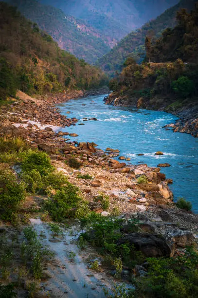 Morning view of the Ganges river from Lakshman Jhula, Rishikesh, Uttarakhand, India