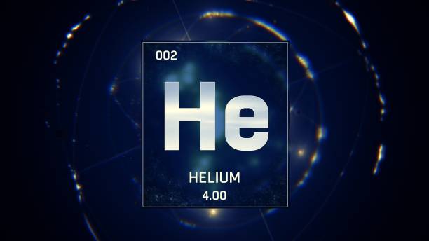 青い背景の周期表3dイラストの要素2としてのヘリウム - ヘリウム ストックフォトと画像