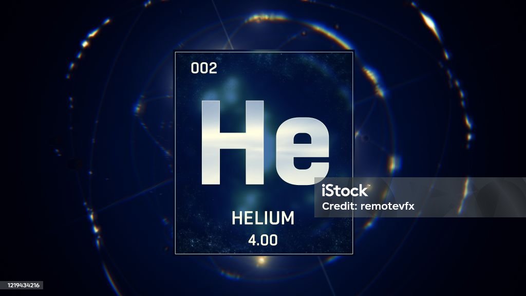 Helium as Element 2 of the Periodic Table 3D illustration on blue background 3D illustration of Heliumn as Element 2 of the Periodic Table. Blue illuminated atom design background with orbiting electrons. Design shows name, atomic weight and element number Helium Stock Photo
