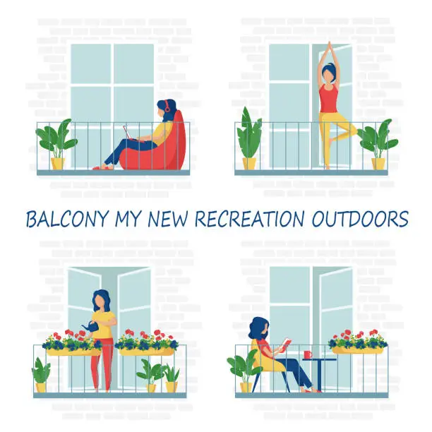 Vector illustration of A young woman is sitting on a balcony with a laptop, reading a book, meditating, watering flowers.Remote work from home.Home yoga.Stay home during an epidemic.Set of vector illustrations in flat style