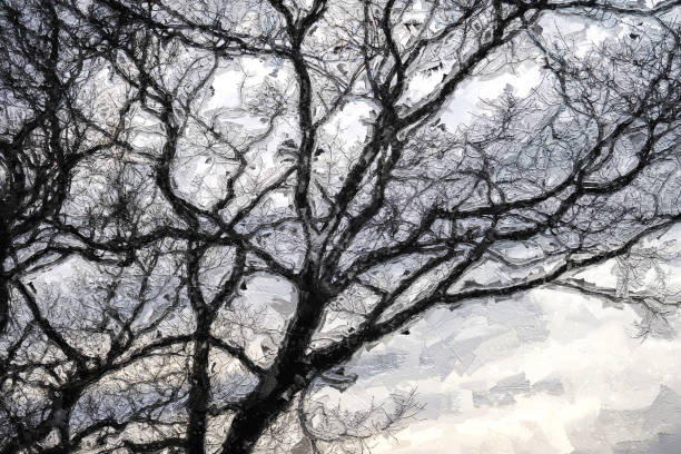 istock Impressionistic Style Artwork of Dark Ominous Silhouetted Tree on a Cold Overcast Morning 1219436499