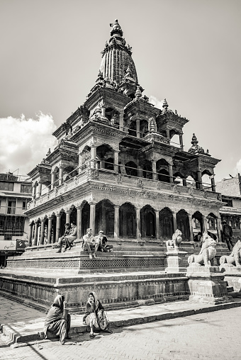 Kathmandu, Nepal- February 18 2019: Black and white photo from a Hindu Temple at Kathmandu Durbar Square, Nepal.