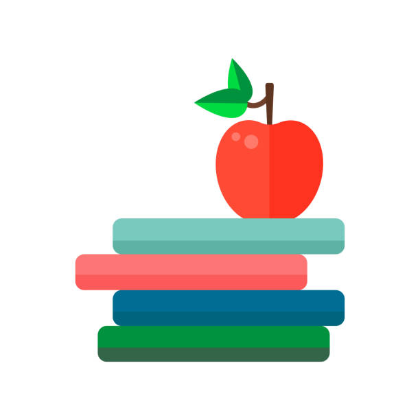 책과 사과의 플랫 스타일 아이콘 스택. - apple stack white backgrounds stock illustrations