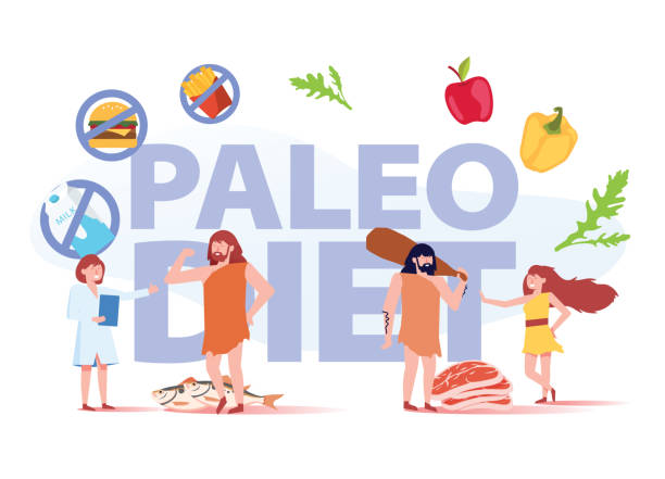 illustrazioni stock, clip art, cartoni animati e icone di tendenza di paleo diet healthy eating concept. persone delle caverne e medico nutrizionista passeggiando di prodotti frutti di mare, carne, acqua - remote fat overweight dieting