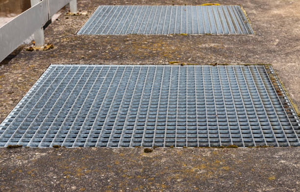 istock Industry. Floor with ribbed aluminum grille. Close-up. 1219437849
