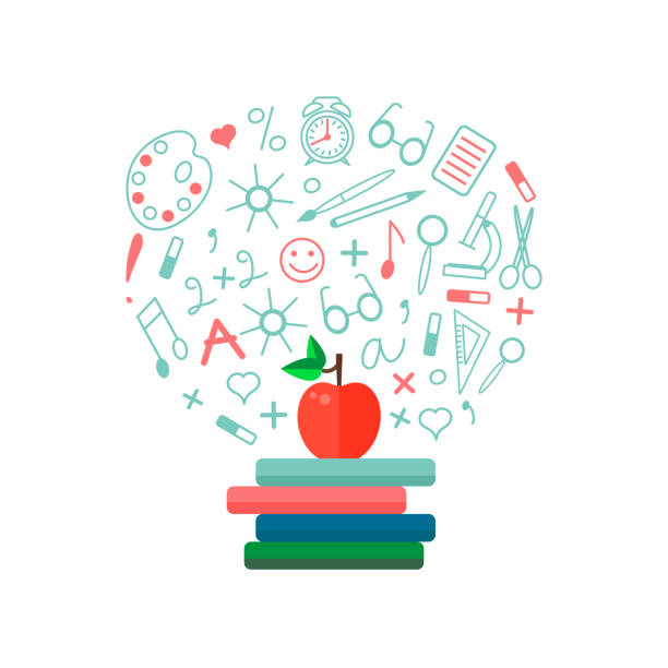 illustrazioni stock, clip art, cartoni animati e icone di tendenza di icone di stile piatto pila di libri e una mela. - apple stack white backgrounds
