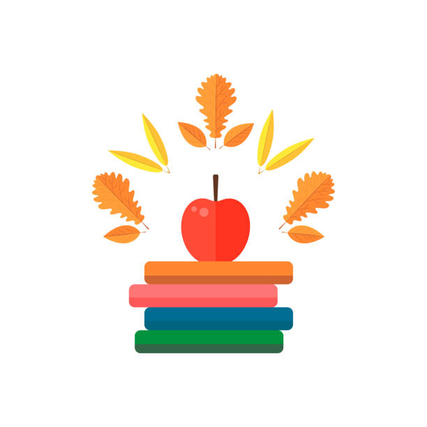 illustrazioni stock, clip art, cartoni animati e icone di tendenza di pila di icone in stile piatto di libri e una mela. - apple stack white backgrounds
