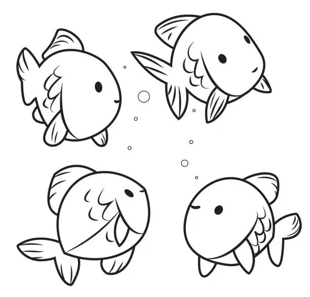 Vector illustration of Black And White, Cute Fishes