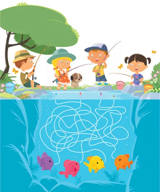 Vector illustration of Maze Children Fishing