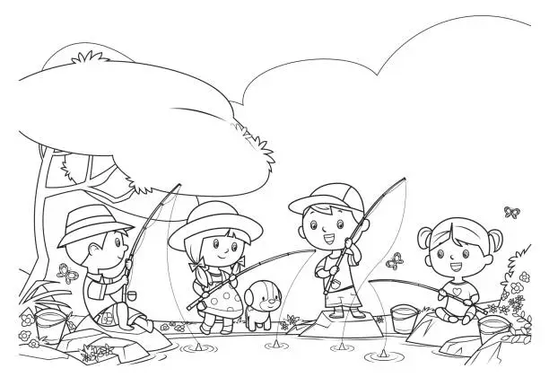 Vector illustration of Coloring book, Happy children fishing in the park