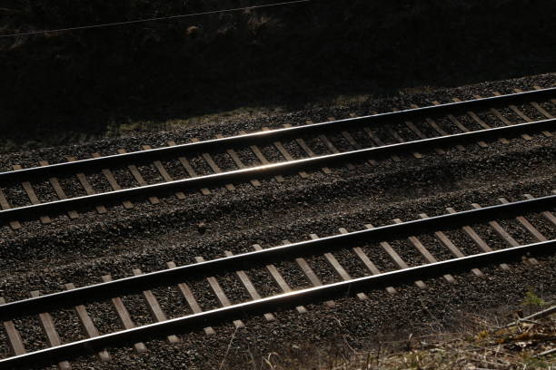 Railway rails and sleepers. Railway tracks shot from above.