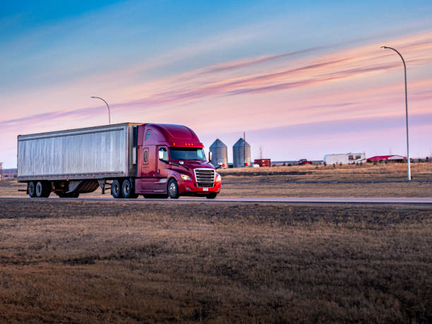 시골 횡단 캐나다 고속도로에 세미 트럭 - truck semi truck car transporter vehicle trailer 뉴스 사진 이미지