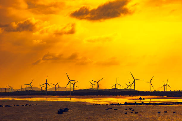 wind farm at beach in sunset.