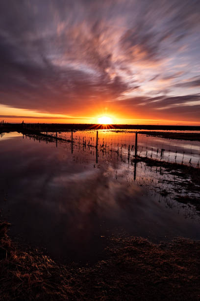 Majestic sunset with clouds in moviment reflected in the water