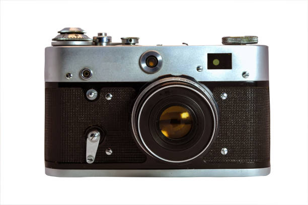 istock Old film camera isolate on a white background close-up. 1219450911