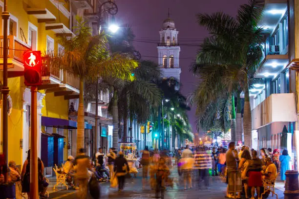 Nighttime view of the central historic downtown Heroica Veracruz, Mexico.
