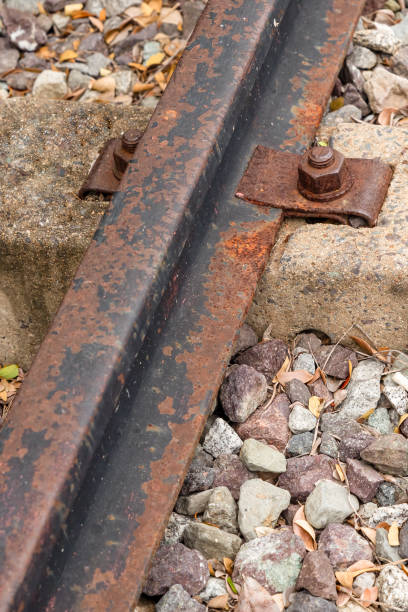 istock abandoned railroad track, rusty old rail closeup on gravel background 1219454597