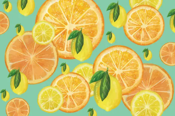 Vector illustration of Citrus fruit background - slices of lemons and oranges stock illustration