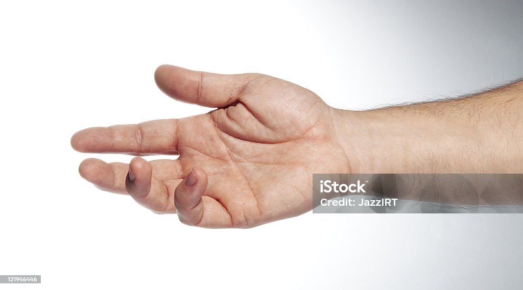 Palma de la mano del hombre arriba sobre un fondo blanco - Foto de stock de Abierto libre de derechos