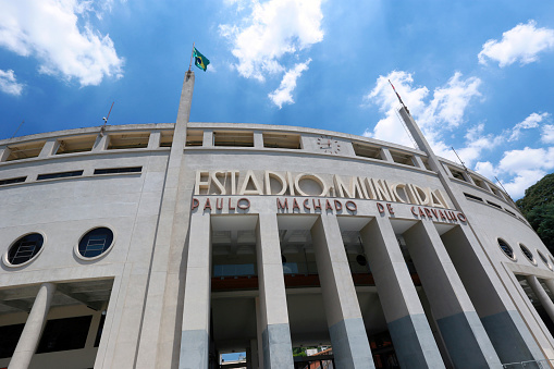 Sao Paulo, Brazil -  Feb 22, 2015- Pacaembu Stadium (Estadio Municipal Paulo Machado de Carvalho) hosts professional soccer games and also is home to the Museum of Football in Sao Paulo, Brazil\