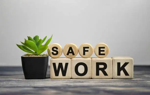 Photo of SAFE WORK - text on wooden cubes, green plant in black pot on a wooden background