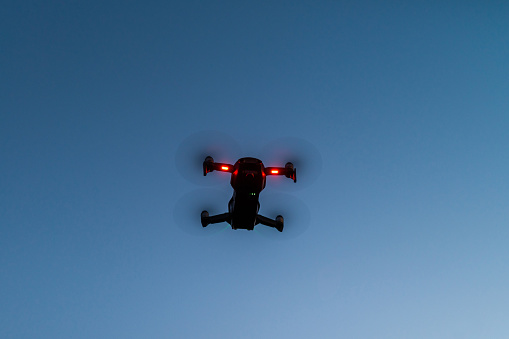 Beijing, China - April 4, 2020: Flying Drone against Clear sky