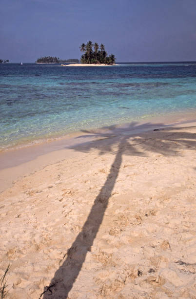 shadow of a palm tree on sand with tiny tropical islet in distance, kuna or guna yala, san blas islands, caribbean, panama, central america - panama san blas islands central america island imagens e fotografias de stock