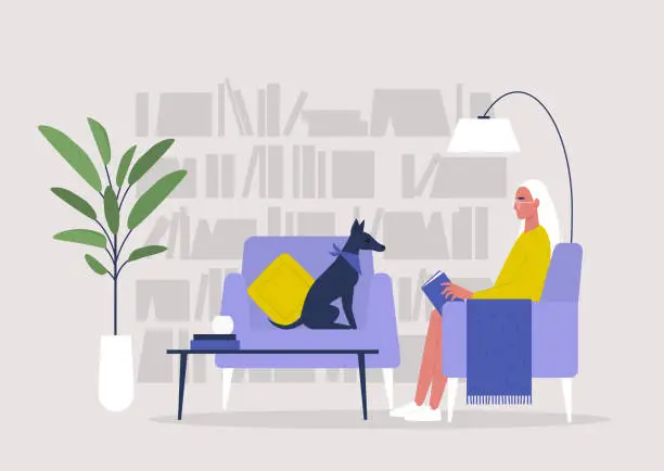 Vector illustration of Young female character reading a book in a home library, lifestyle illustration