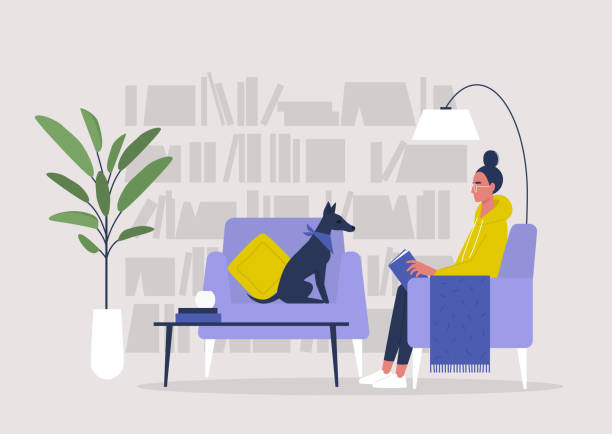 młoda postać kobieca czyta książkę w domowej bibliotece, ilustracja stylu życia - book sofa women bookshelf stock illustrations