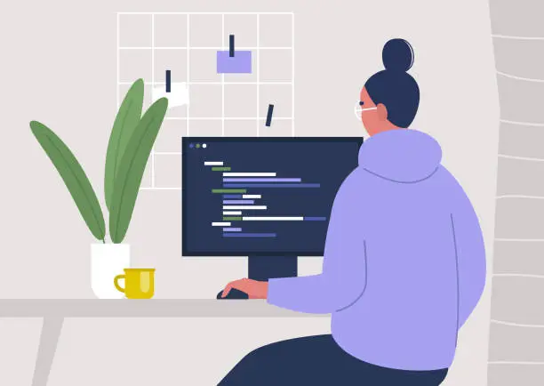 Vector illustration of Young female character writing code on a desktop computer, working from home, millennials at work