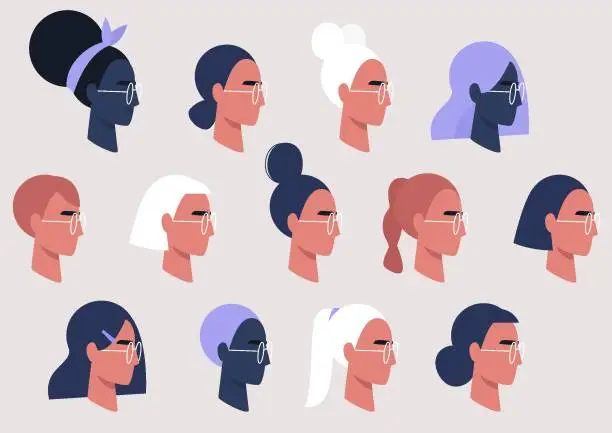 Vector illustration of Female faces collection, user avatars, feminine pattern, millennial girls