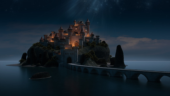 Beautiful castle upon a rocky hill by night - 3D render