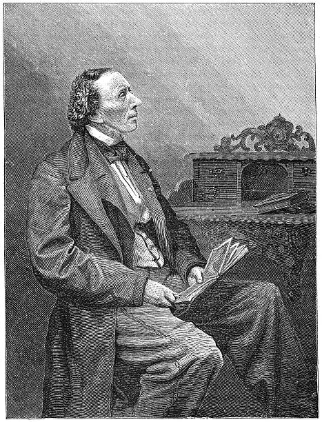 Black and white illustration of Hans Christian Andersen H. C. Andersen (1805-1875) was a Danish  author, fairy tale writer, and poet noted for his children's stories. Engraving from Scribner's Magazine January 1871. The image is currently in public domain. hans christian andersen stock illustrations