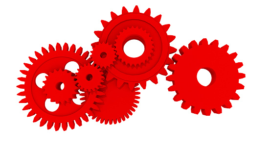 One red metal gear on silver wheelgears background. 3d illustration