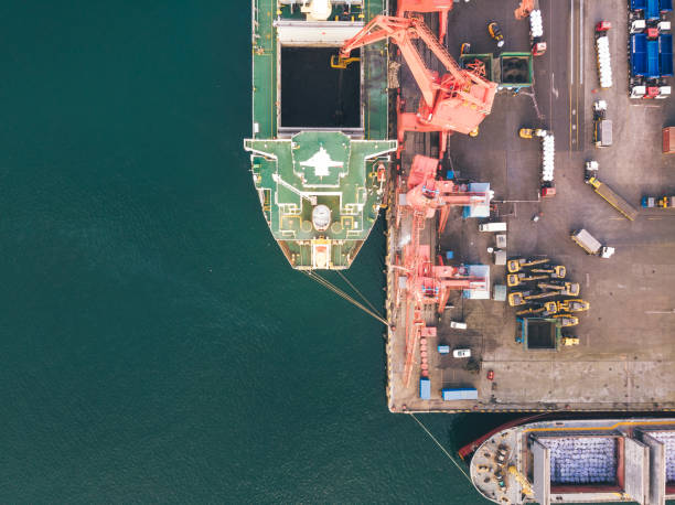 Drone View of Container Ships and Lifting Cranes