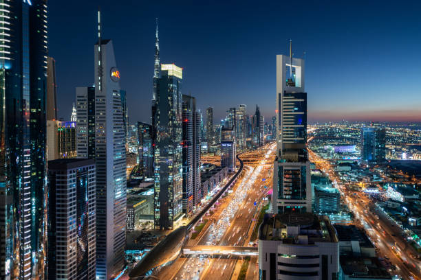 istock Aerial View of Dubai Skyline at Night 1219478263