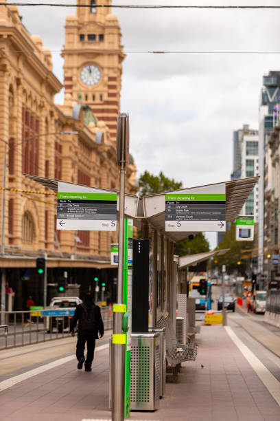 Melbourne, Australia, 17 April, 2020. A tramstop outside of Flinders Street Station remains largely empty during the Coronavirus Crisis in Melbourne, Australia. Credit: Dave Hewison