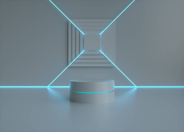 istock Futuristic empty showcase geometric glowing neon light room, blank abstract podium, Cylinder mockup podium, 3d Rendering. 1219479054