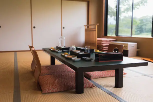 Typical Japanese breakfast served in a Ryokan lodge in Iiyama, Nagano, Japan.