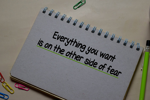 Everything you want is on the other side of fear write on a book isolated on Office Desk