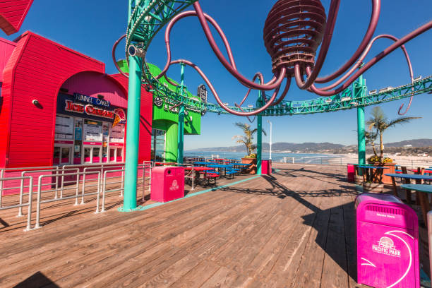 The Santa Monica Pier shown empty during the pandemic Santa Monica, CA, USA - April 15, 2020: The Santa Monica Pier closed during the covid-19 pandemic due to social distancing. The Ferris wheel of Pacific Amusement Park also shown all shutdown during the pandemic. Famous American landmark on Californian coast. abandoned roller coaster stock pictures, royalty-free photos & images