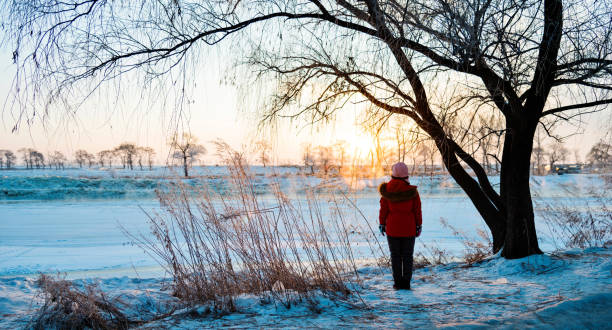 istock Woman standing by the lakeside in winter 1219485344