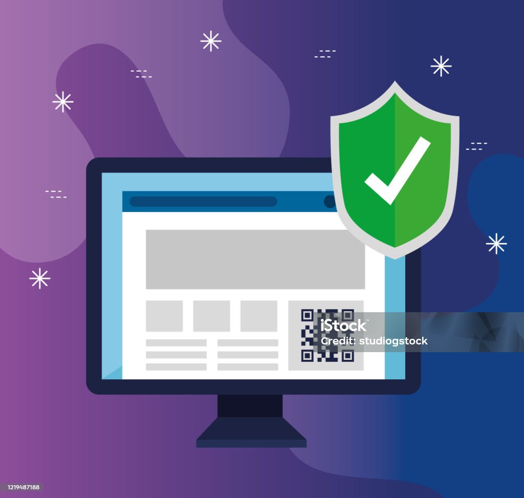 Qr Code Inside Computer And Shield Vector Design Stock Illustration ...