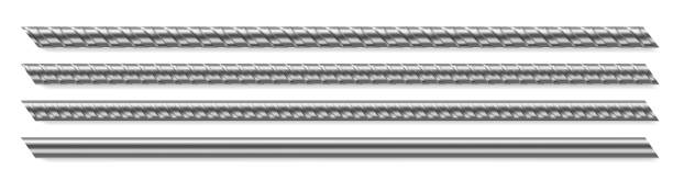 Vector metal rods, steel reinforced rebar Metal rod, steel reinforced rebar. Vector realistic set of construction armature, smooth and deformed iron bars for buiding, cage, rack or prison grate. Stainless fittings isolated on white background grill rods stock illustrations