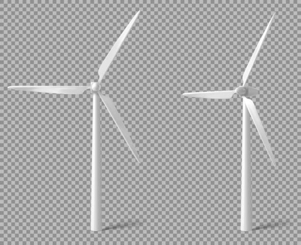 Vector realistic white wind turbine Wind turbine front and angle view. Alternative renewable power generation, green energy concept. Vector realistic mockup of windmill with white vanes isolated on transparent background turbine stock illustrations