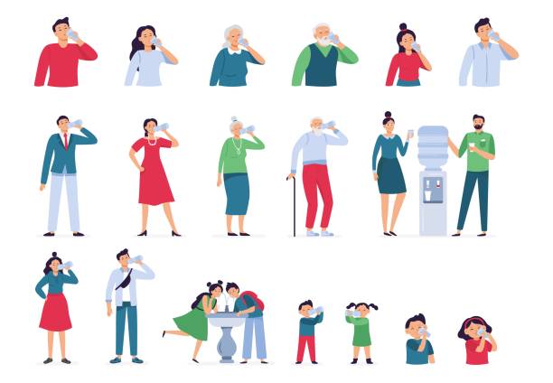 stockillustraties, clipart, cartoons en iconen met mensen drinken water. drinkwater in fles, glas en koeler voor jonge geitjes en oudsten, drinkt de volwassen man en de vrouw water gezonde levensstijlvectorreeks - drinkwater