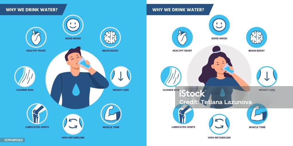 Drinkwater voordelen. De gezonde menselijke lichaamshydratatie, man en vrouw drinken de reeks van de watervectorillustratie - Royalty-free Water vectorkunst